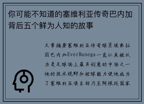 你可能不知道的塞维利亚传奇巴内加背后五个鲜为人知的故事
