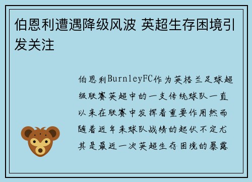 伯恩利遭遇降级风波 英超生存困境引发关注
