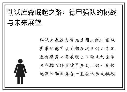 勒沃库森崛起之路：德甲强队的挑战与未来展望