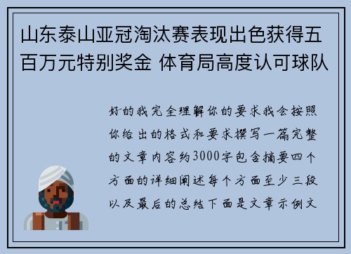 山东泰山亚冠淘汰赛表现出色获得五百万元特别奖金 体育局高度认可球队努力