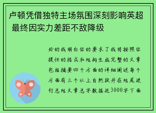 卢顿凭借独特主场氛围深刻影响英超 最终因实力差距不敌降级