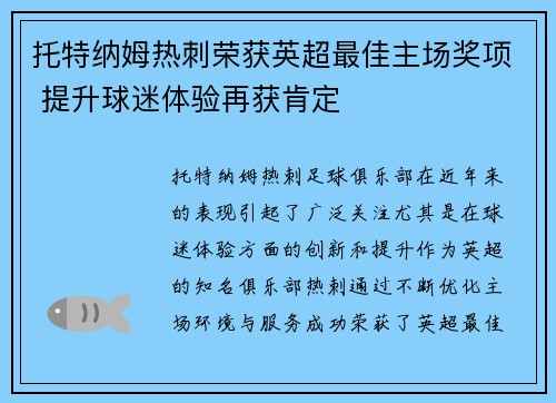 托特纳姆热刺荣获英超最佳主场奖项 提升球迷体验再获肯定