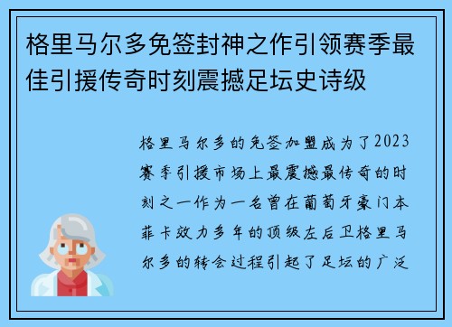 格里马尔多免签封神之作引领赛季最佳引援传奇时刻震撼足坛史诗级
